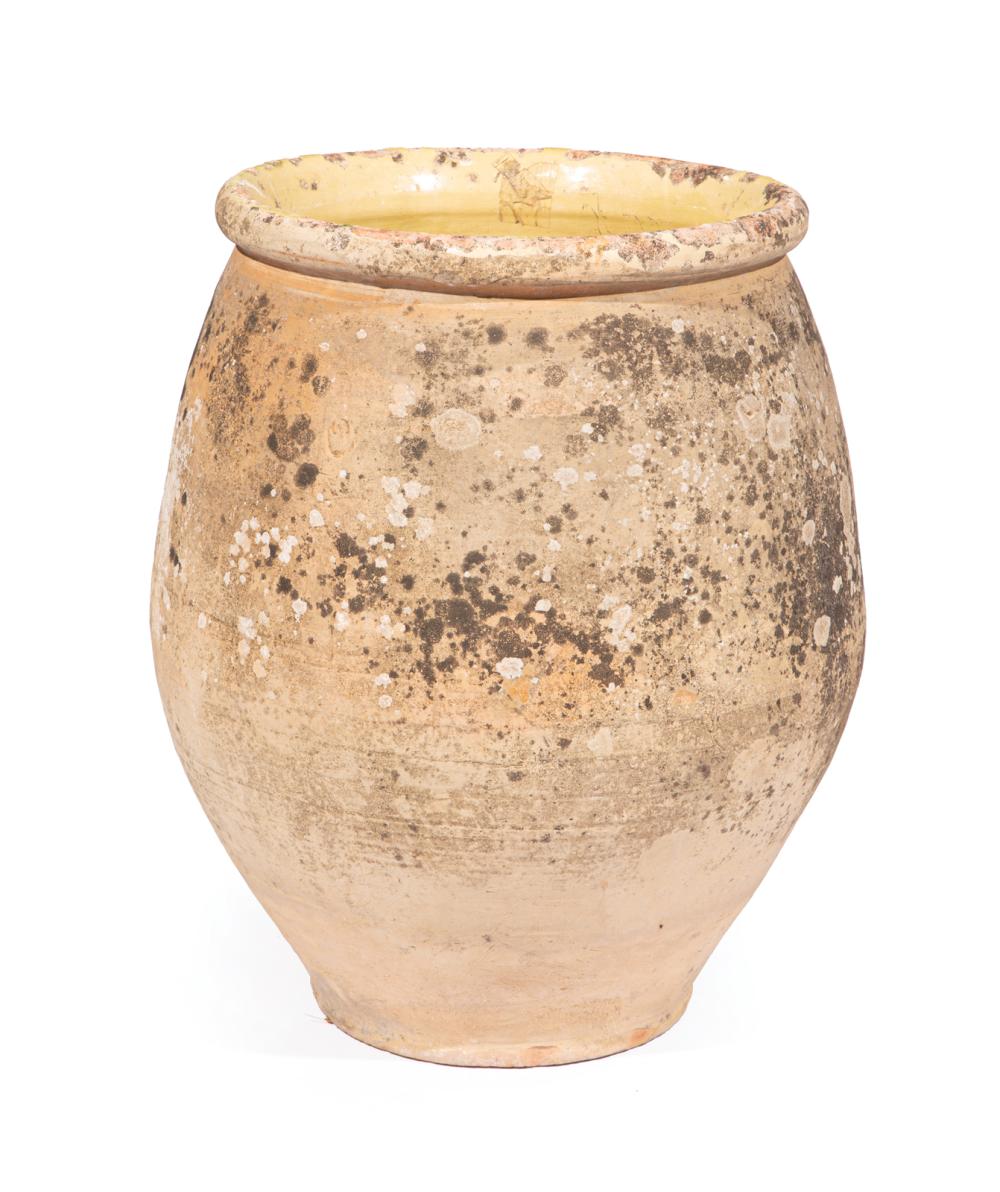 Appraisal: French Terracotta Olive Jar yellow glazed interior h in dia