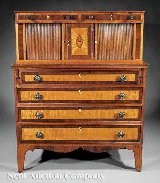 Appraisal: A Fine American Federal Satinwood Inlaid Mahogany Tambour Desk c