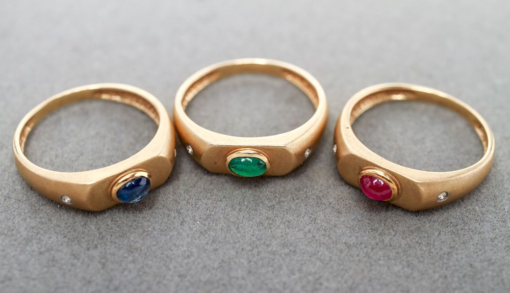 Appraisal: K Gold Emerald Ruby Sapphire Diamonds Rings Three matching rings