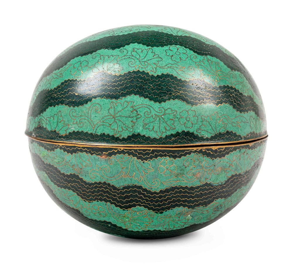 Appraisal: A Chinese Cloisonne Enamel Watermelon-Form Covered Box A Chinese Cloisonne