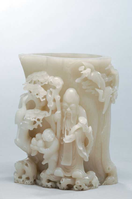 Appraisal: FINE WHITE JADE BRUSHPOT Fine Chinese greyish-white jade brushpot carved