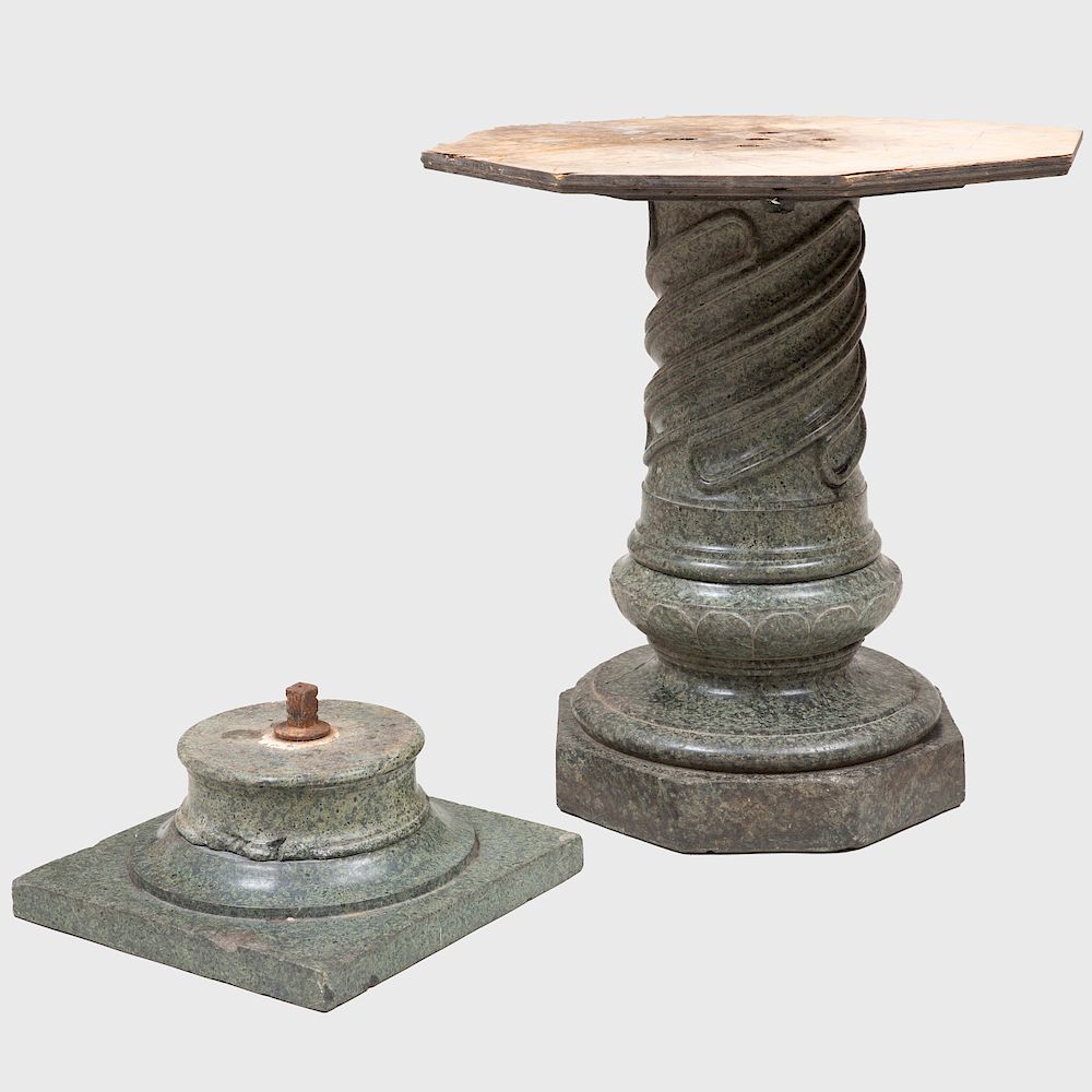 Appraisal: Italian Carved Green Serpentine Marble Pedestal Table In two sections