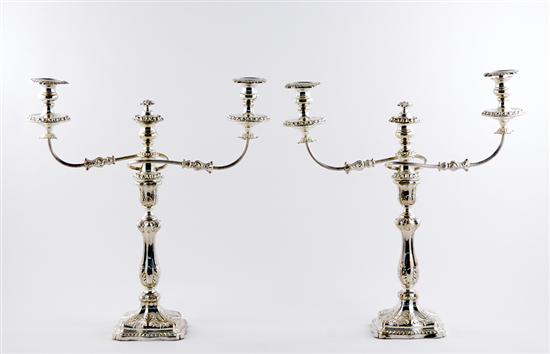 Appraisal: Pair Sheffield plate three-light candelabra two scrolling arms supported by