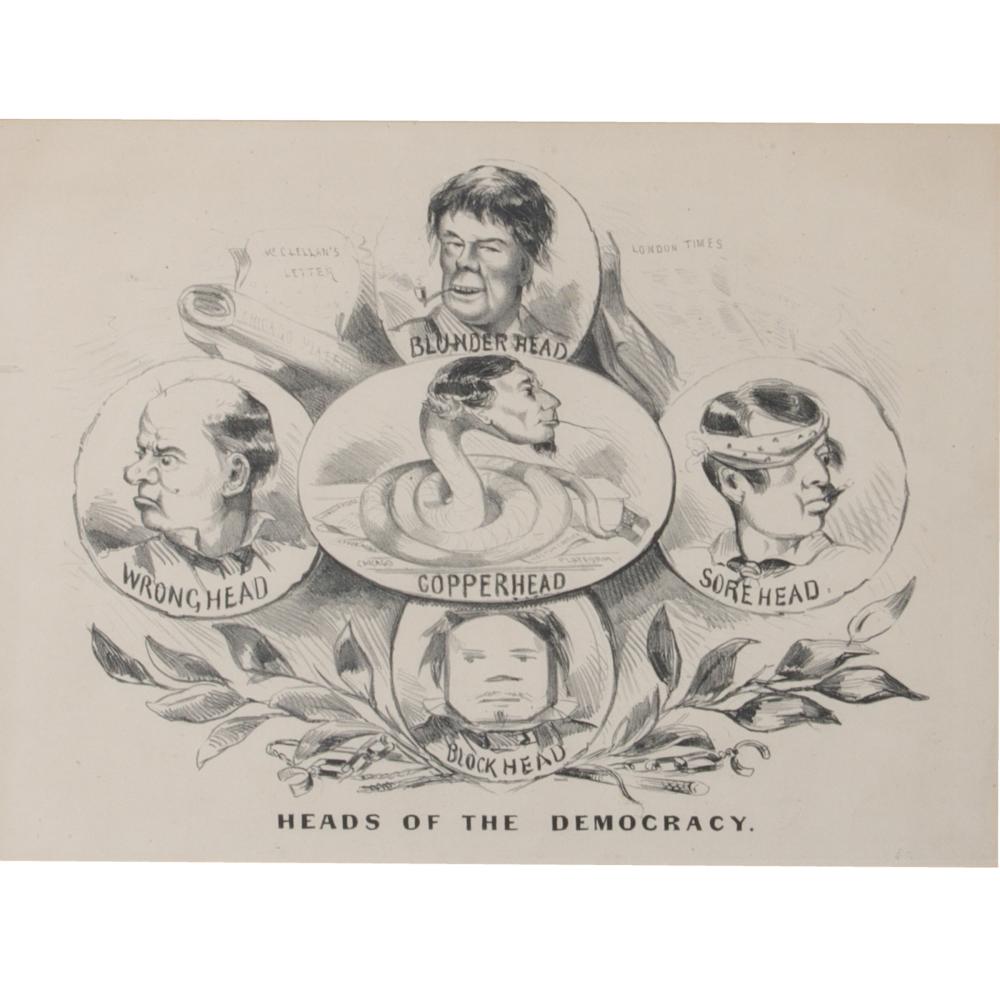 Appraisal: FRAMED CURRIER POLITICAL SATIRE CARTOON HEADS OF THE DEMOCRACY H