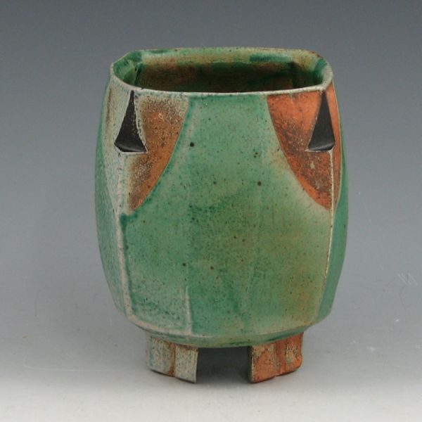 Appraisal: Jeff Oestreich footed stoneware vase bowl in matte green Noted