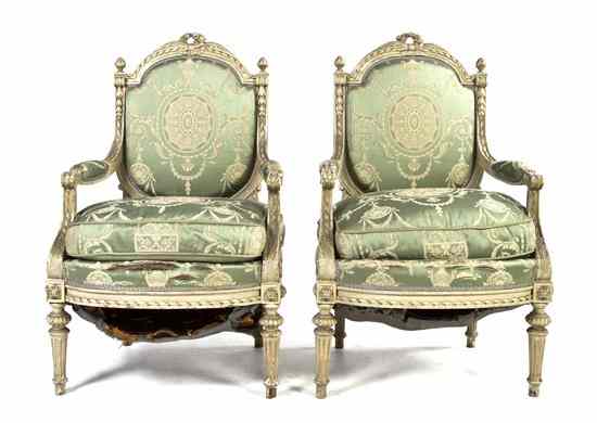 Appraisal: A Pair of Louis XVI Style Painted Fauteuils each having