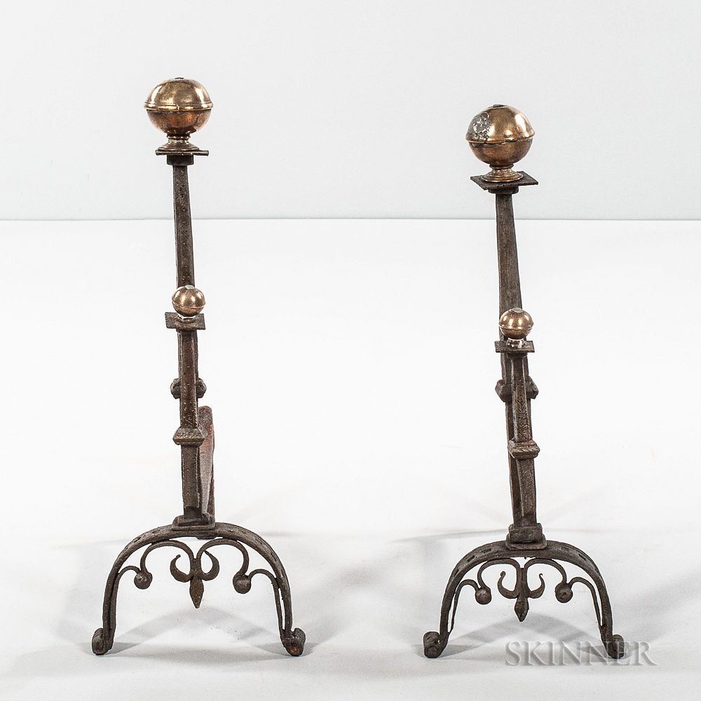 Appraisal: Pair of Spanish Colonial Wrought Iron and Brass Andirons Pair