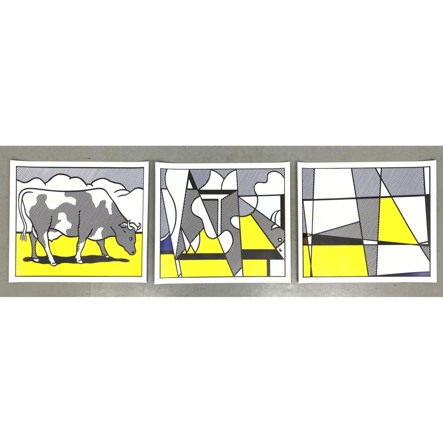 Appraisal: pc Roy Lichtenstein Prints Cow Triptych Cow Going Abstract unmarked