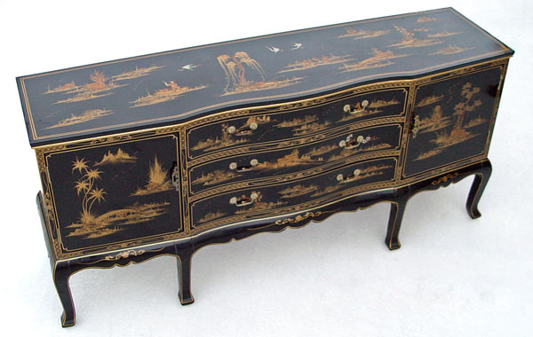 Appraisal: CHINESE GOLD DECORATED BLACK LACQUER SIDEBOARD DRESSER Serpentine front three