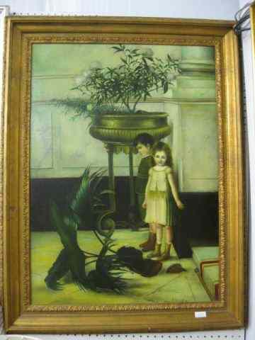 Appraisal: Pamela Perkins Oil children standing by a broken flower pot