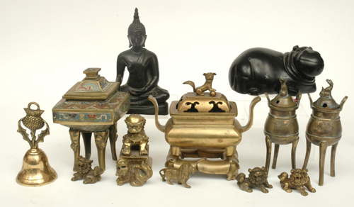 Appraisal: A COLLECTION OF BRONZE ITEMS Including four Chinese censors Mandalay