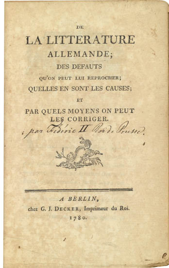 Appraisal: FREDERICK II King of Prussia De la Litterature Allemande des