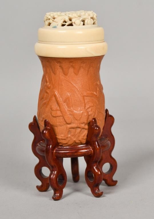 Appraisal: Chinese carved gourd cricket cage with carved bone top On