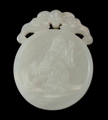 Appraisal: Chinese carved stone plaque circular white hardstone Hehe Erxian twins