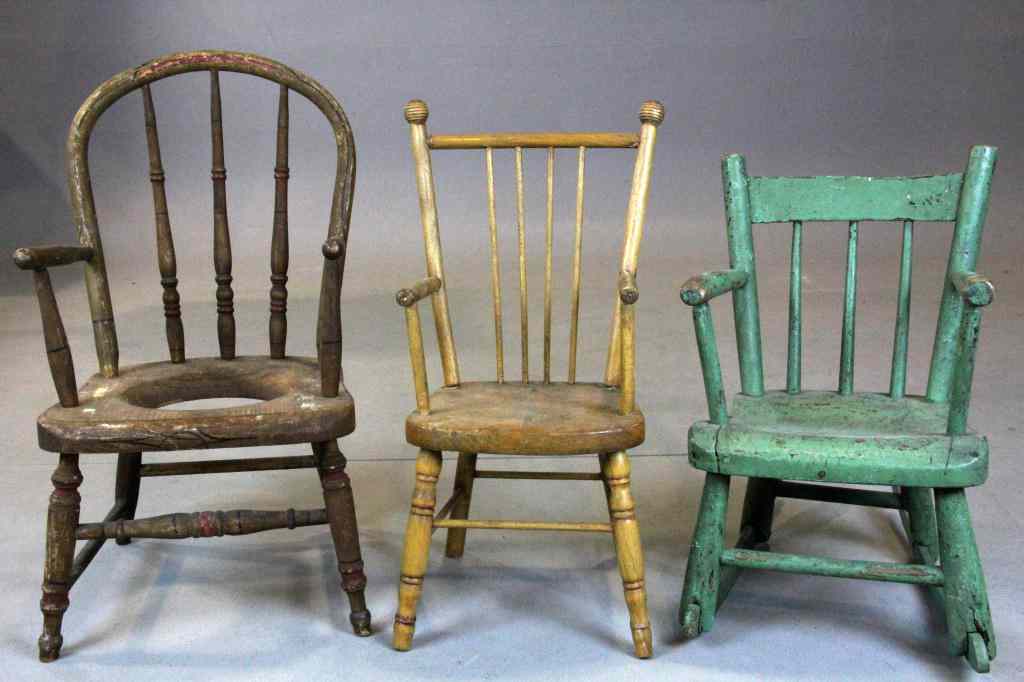 Appraisal: Early American Child's ChairsTo include a green painted rocker Windsor-style