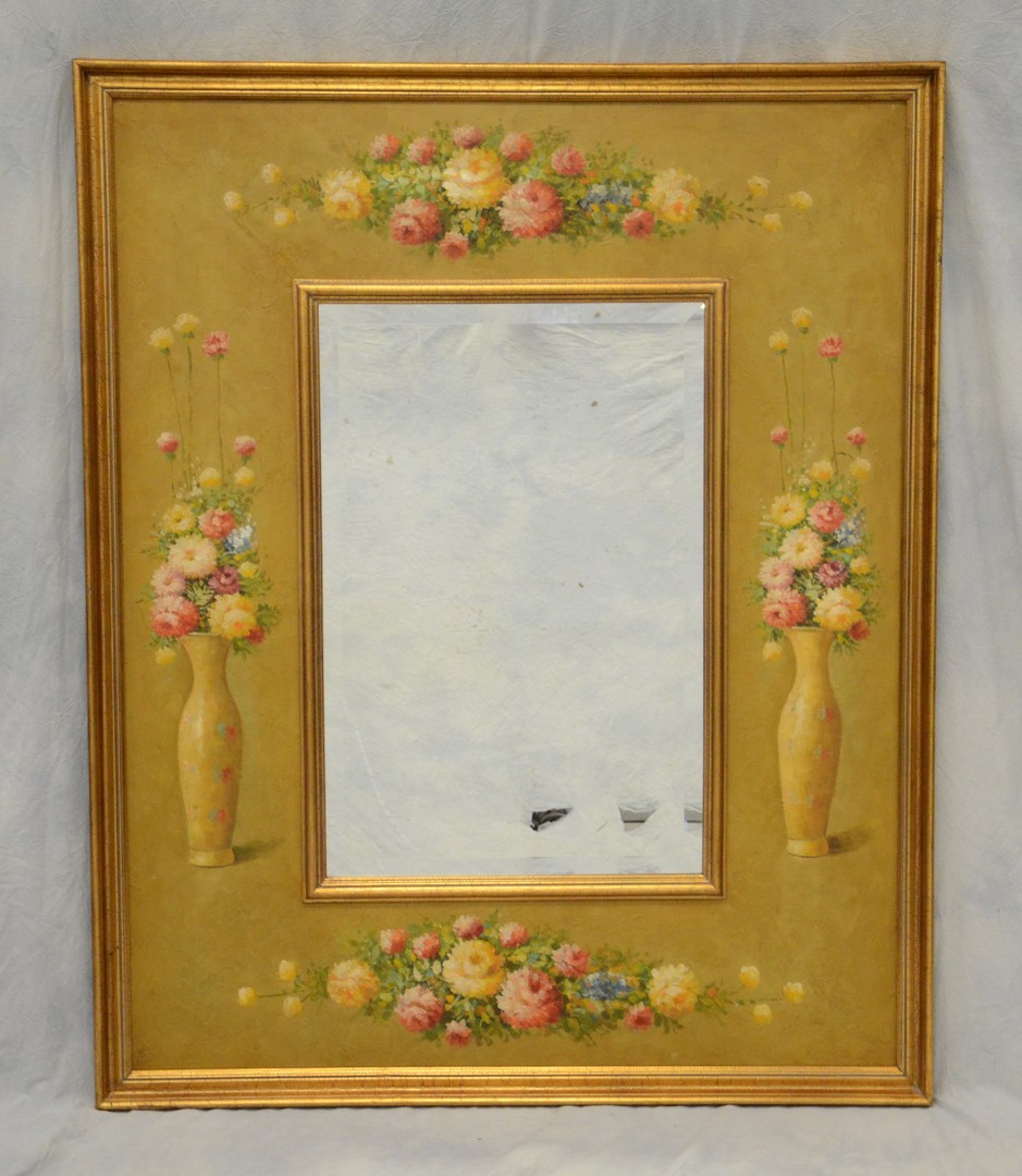 Appraisal: Basset decorator wall mirror with hand painted floral frame around