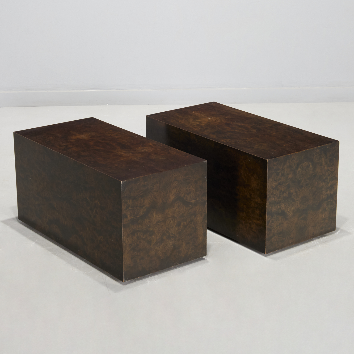 Appraisal: PAIR BAUGHMAN STYLE BURL VENEER LOW TABLES Mid th c