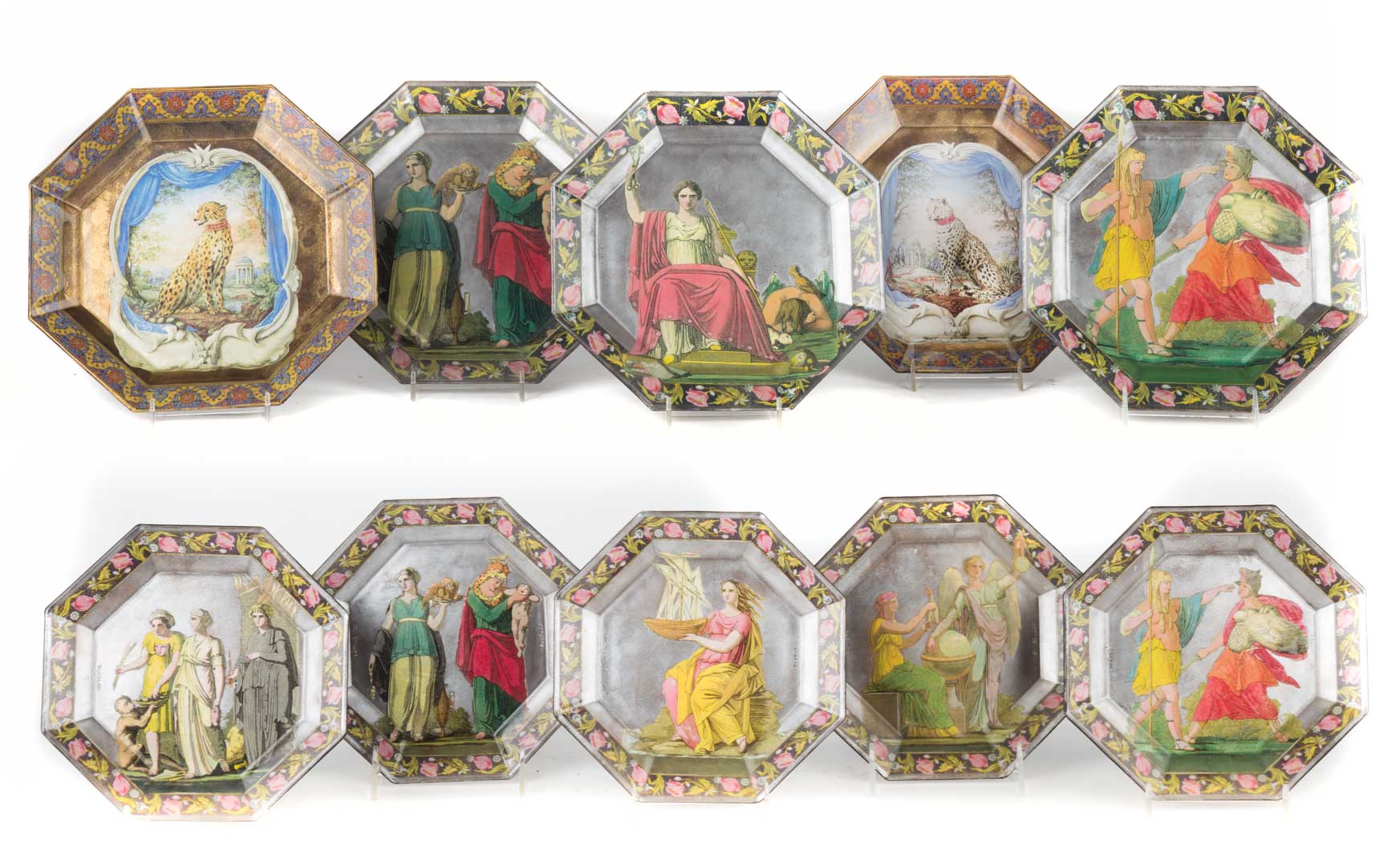 Appraisal: French reverse decoupage plates dated s octagonal plates with floral