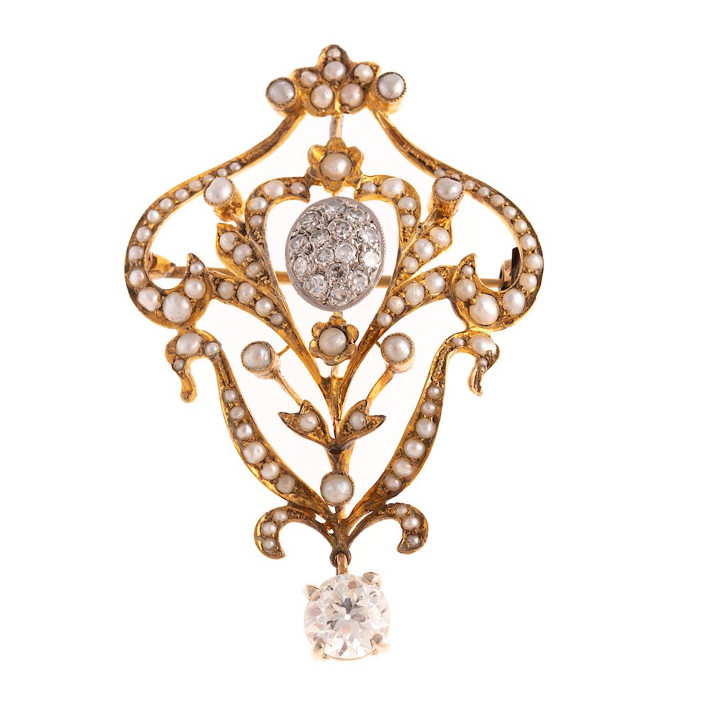 Appraisal: An Art Nouveau K Seed Pearl Diamond Brooch c K