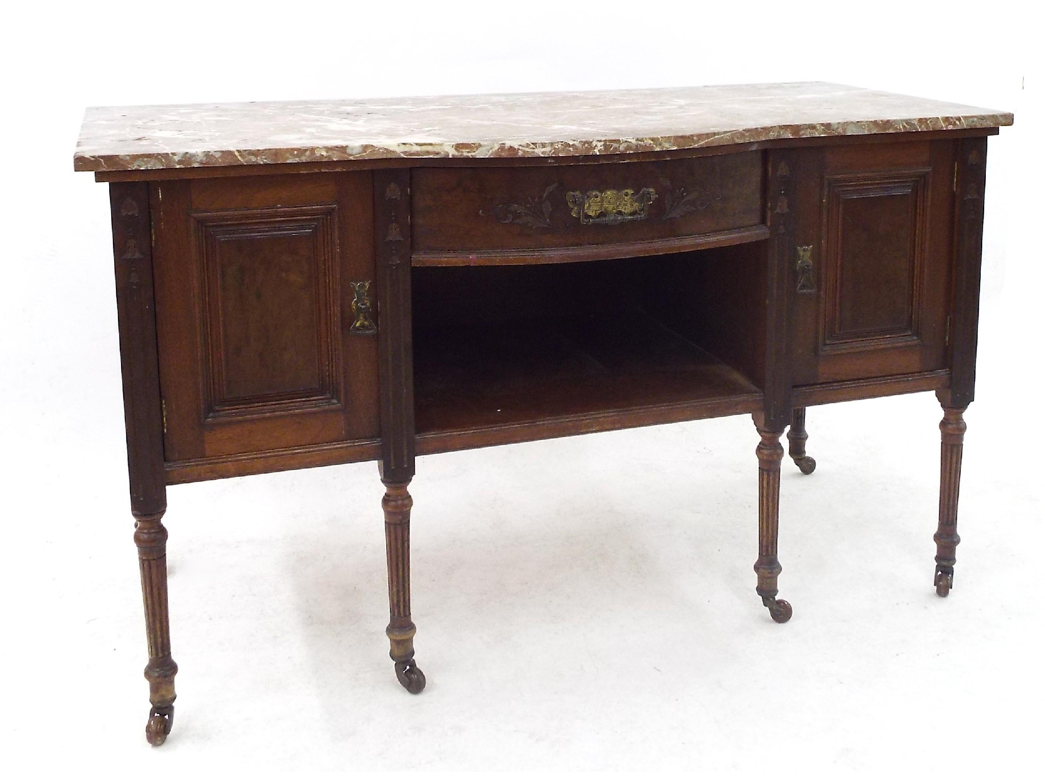 Appraisal: Edwardian walnut and oak marble top bow fronted washstand fitted