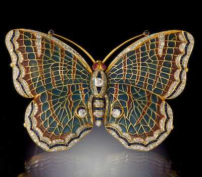 Appraisal: A Large Plique-A-Jour and Diamond Butterfly Brooch k yellow gold