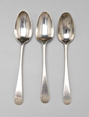 Appraisal: Three Richardson coin silver spoons downturned tipt back handles marks