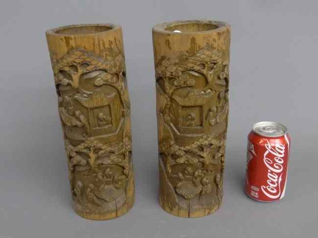 Appraisal: Pair Asian wooden brushpots '' Ht