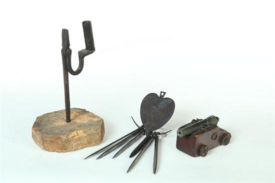 Appraisal: THREE ITEMS American Nineteenth century wrought iron rushlight holder with