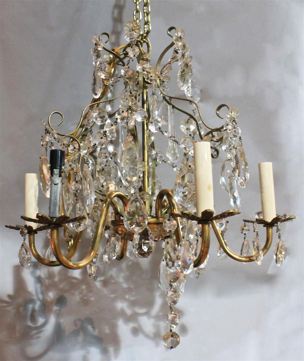 Appraisal: SIX-LIGHT CHANDELIER of brass with six scrolling arms hung with