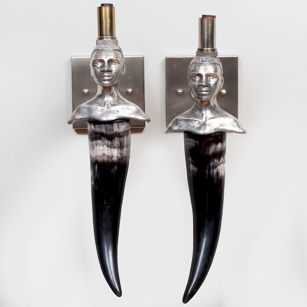 Appraisal: Pair of South African Metal-Mounted Horn Figural Sconces in high