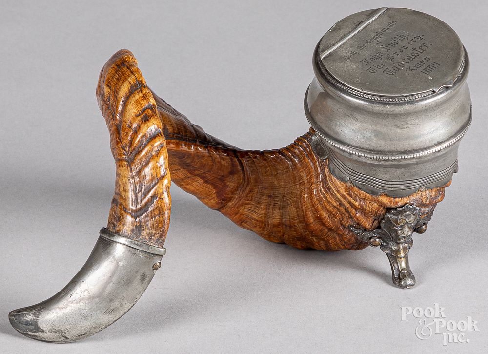 Appraisal: Pewter mounted ram's horn snuff box Pewter mounted ram's horn