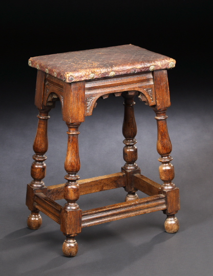 Appraisal: English Oak Tall Stool th century the padded rectangular top