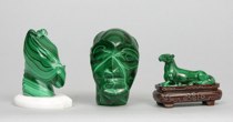 Appraisal: Three Carved Malachite Sculpture Lot includes a carved head apprx