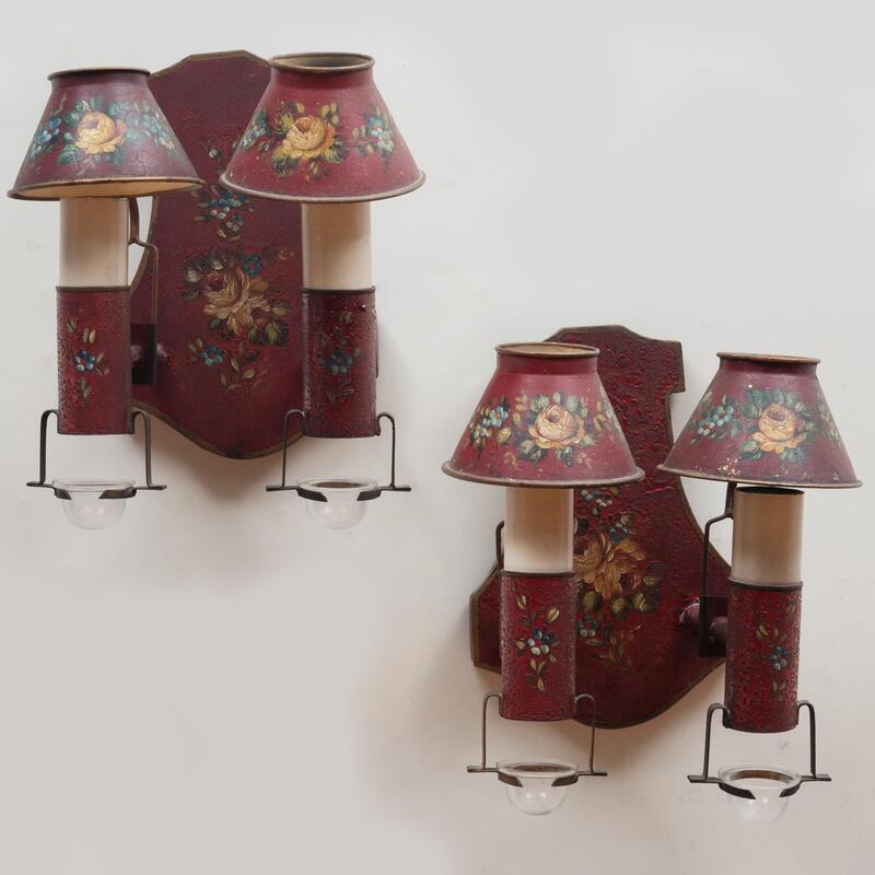 Appraisal: Pair of French Red Painted T le Two-Light Sconces x