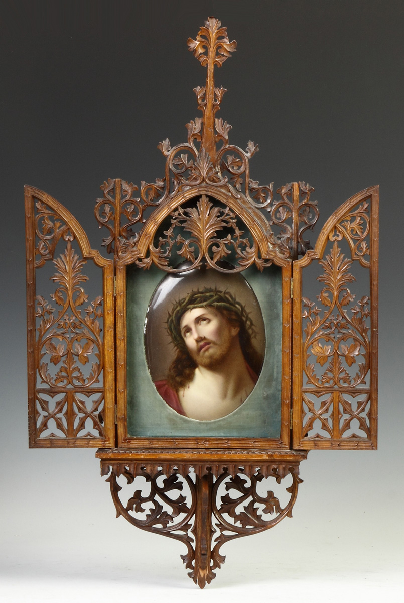 Appraisal: German Painted Porcelain Plaque of Christ in a Gothic Pierce