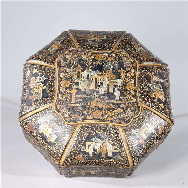 Appraisal: Chinese gilt lacquer octagonal faceted covered box with figures and