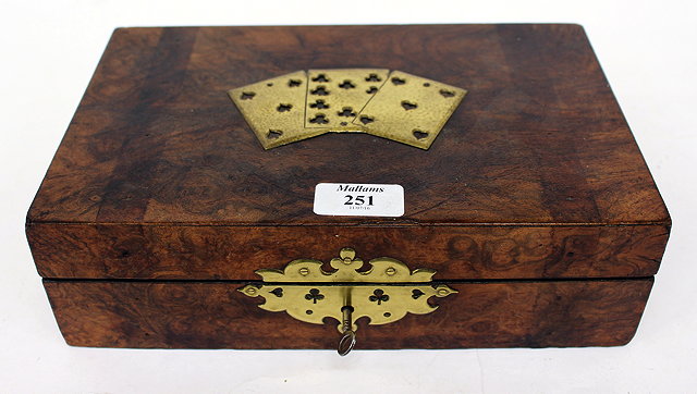 Appraisal: A BURR WOOD CARD GAMES BOX with brass mounts in