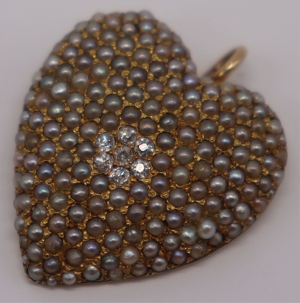 Appraisal: JEWELRY kt Gold Seed Pearl and Diamond Heart Pendant Vintage