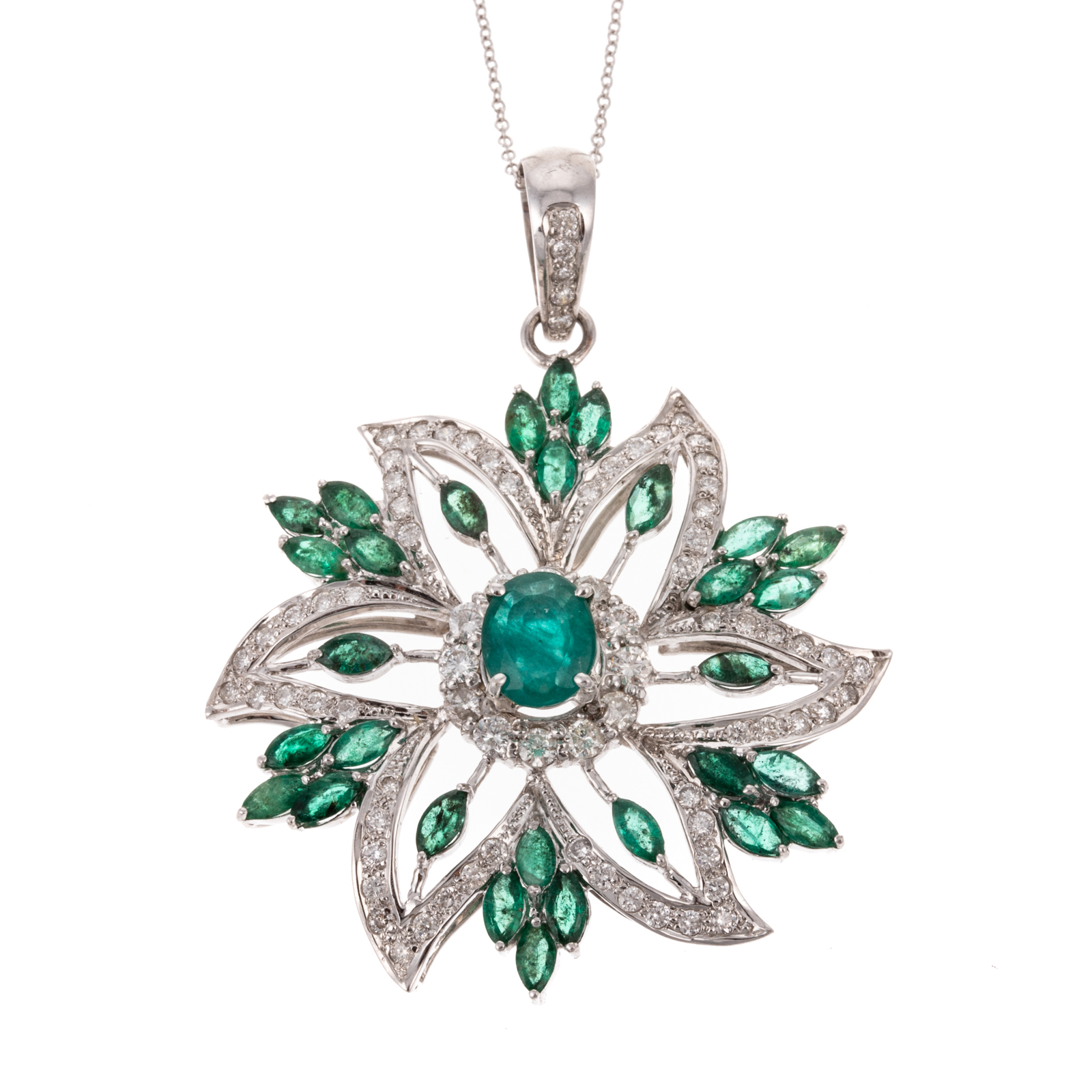 Appraisal: AN IMPRESSIVE EMERALD DIAMOND FLOWER PENDANT K white gold large