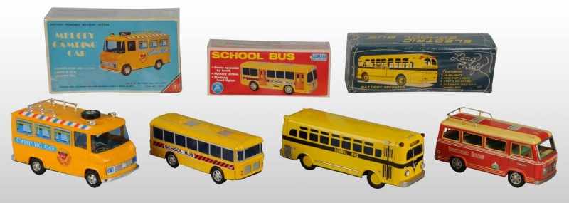 Appraisal: Lot of Tin Plastic Bus Toys Description Japanese Working Includes