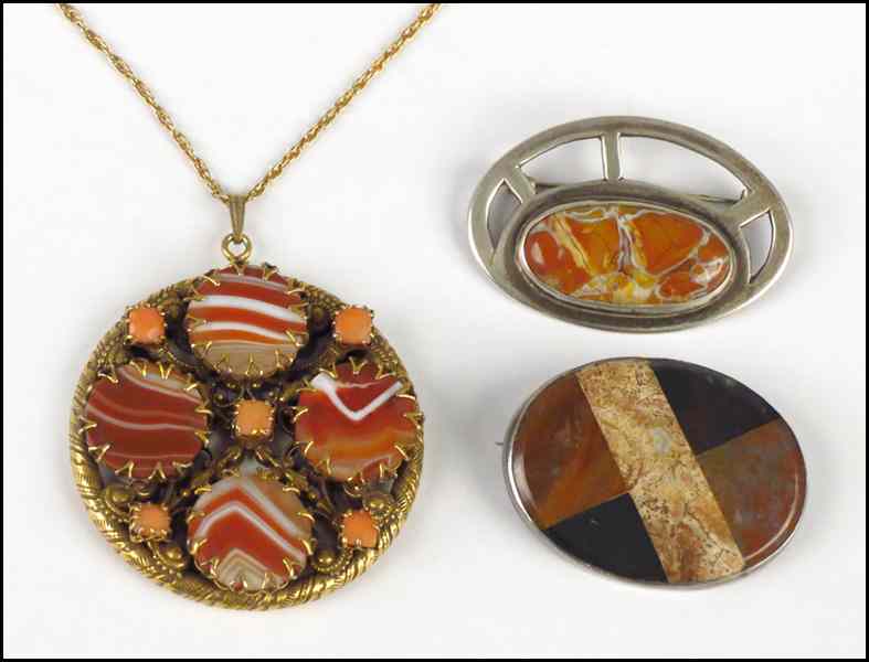 Appraisal: AGATE AND CORAL PENDANT Together with two agate and silver