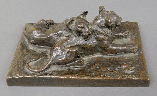 Appraisal: - Bronze figural group of two lions signed E V