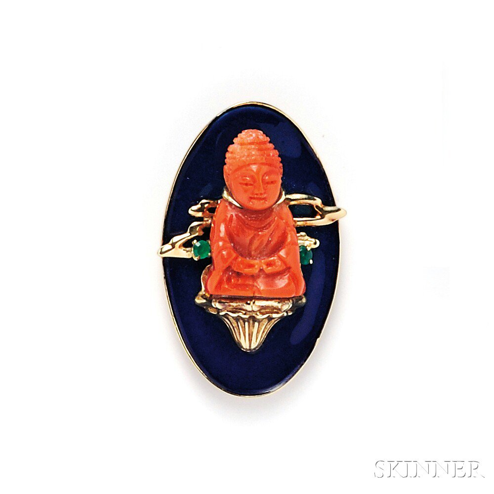 Appraisal: kt Gold Coral and Enamel Brooch the carved coral Buddha