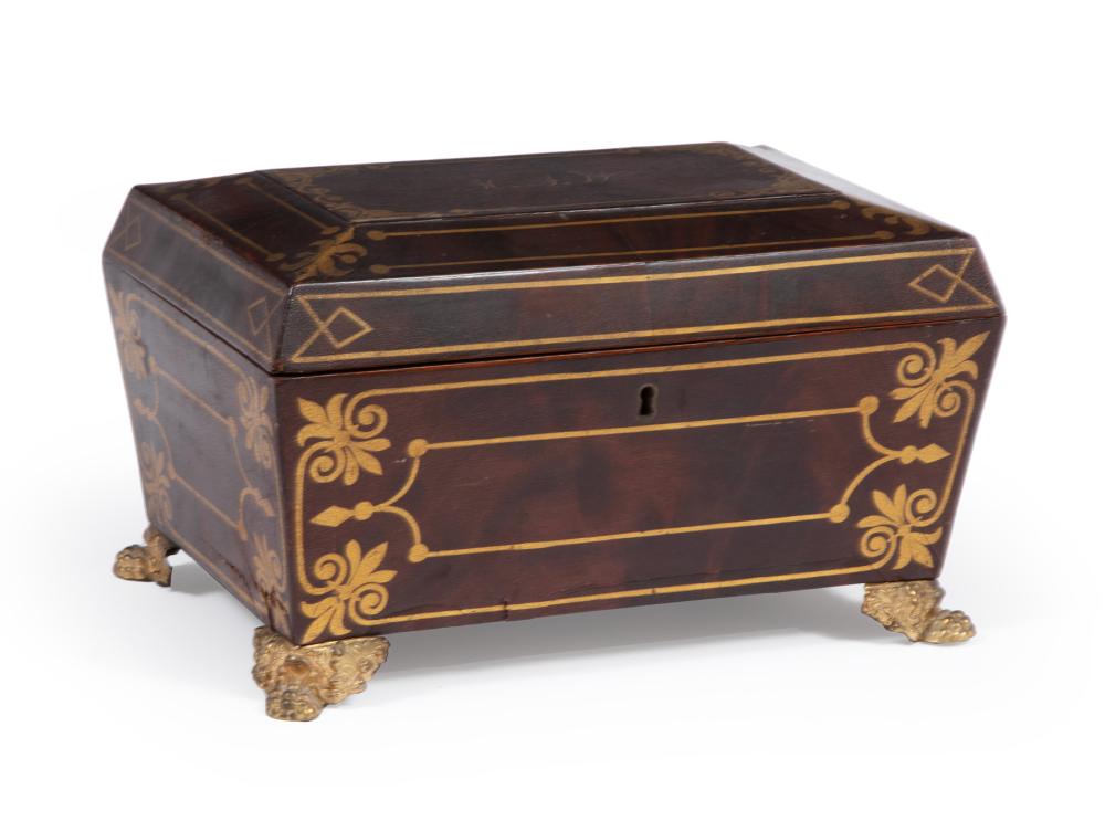 Appraisal: MAHOGANY GILT STENCILED BRASS COFFERAmerican Classical Mahogany and Gilt Stenciled