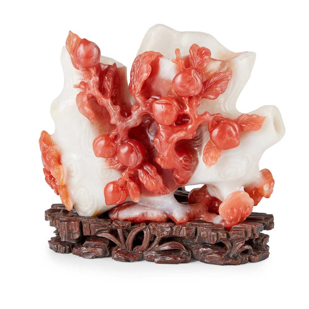 Appraisal: RED AND WHITE CARNELIAN AGATE 'LINGZHI AND PEACH' VASE QING