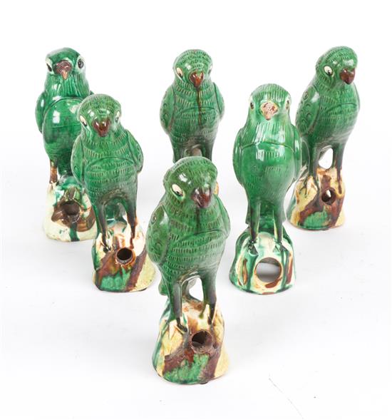 Appraisal: Sale Lot Six Chinese Glazed Pottery Figures of Green Parrots