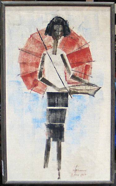 Appraisal: Ronarong Thanomtup th Century Woman with parasol and basket Oil