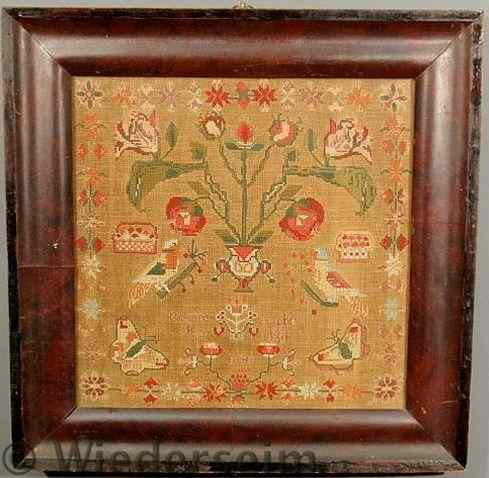 Appraisal: Wool on linen sampler wrought by Catharine Sutphin with potted