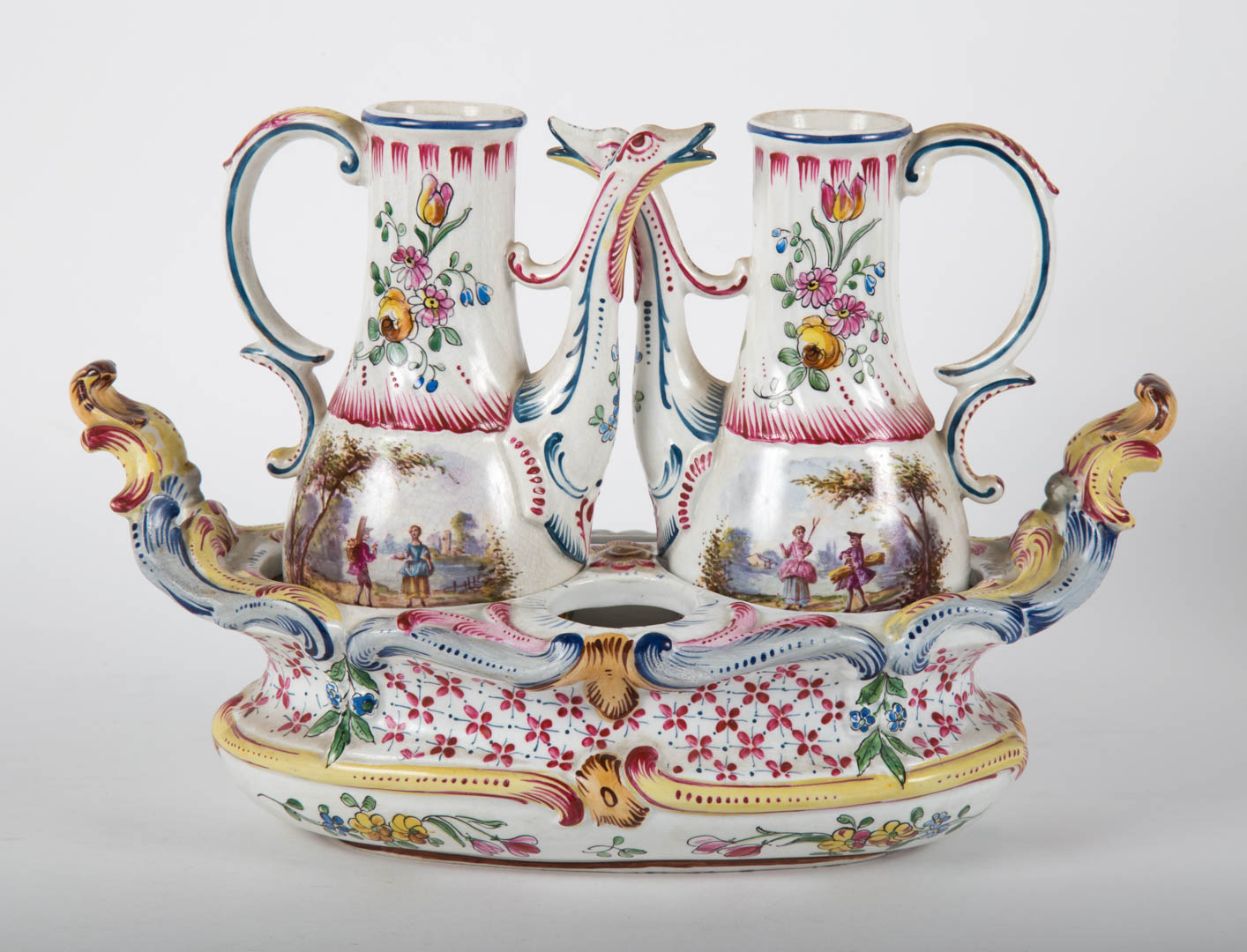 Appraisal: French faience condiment boat th century comprising two cruets and