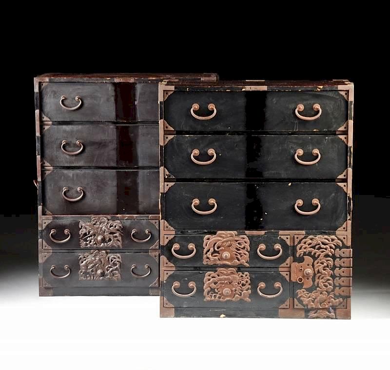 Appraisal: TWO JAPANESE IRON MOUNTED BLACK LACQUERED PERSIMMON WOOD TONSU CHESTS